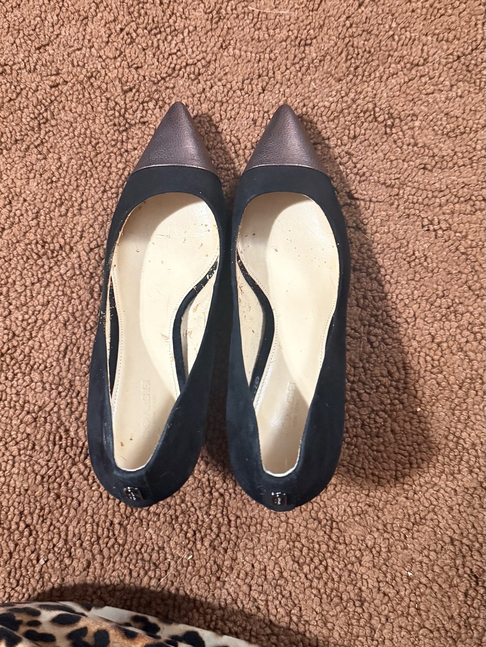 COACH Black Suede Pointed Toe Flats with Metallic Cap Toe